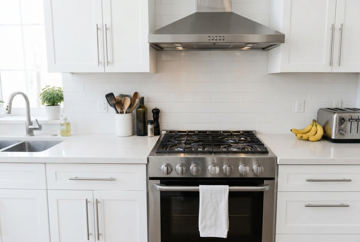 Clean white kitchen with stainless range