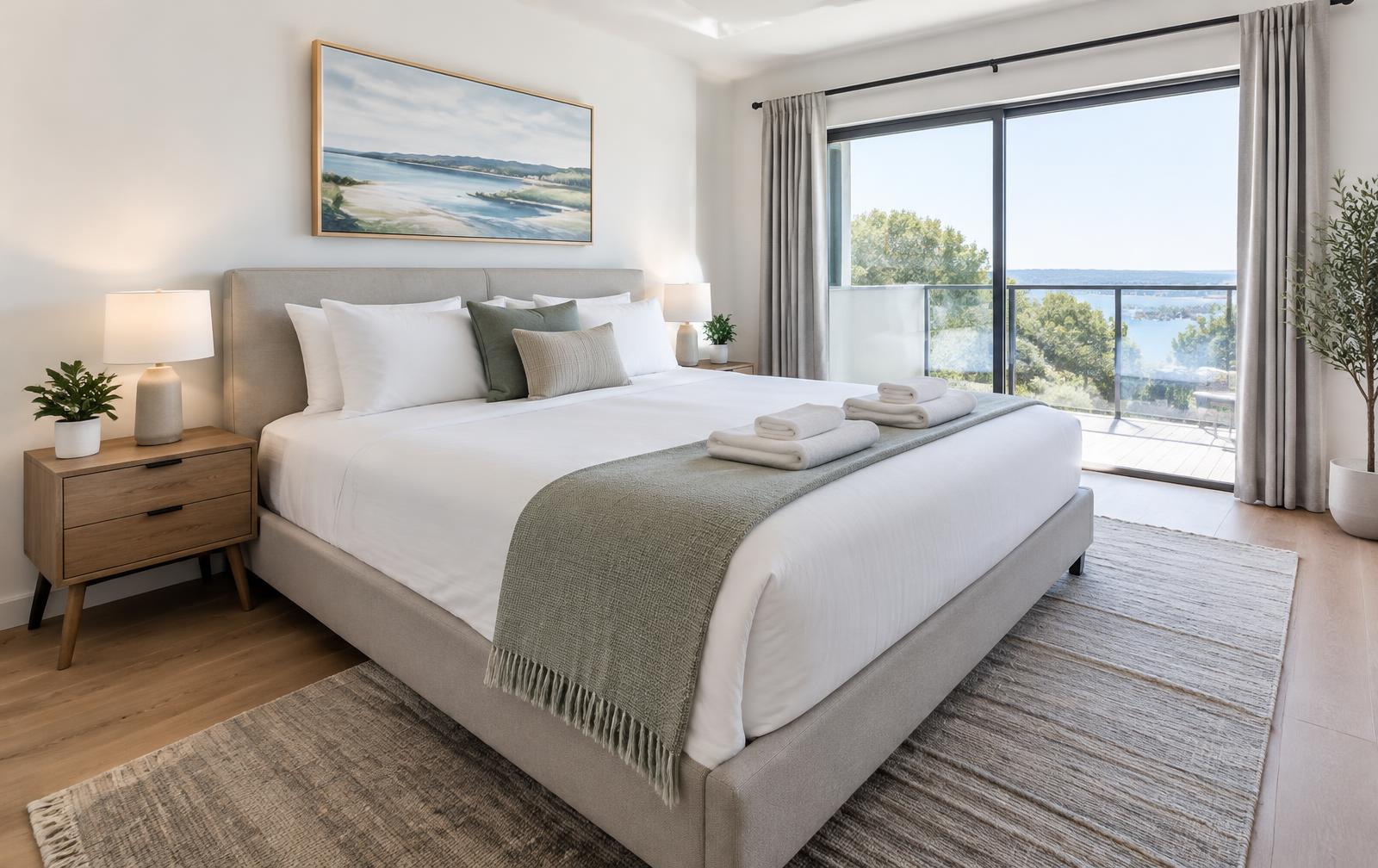 Guest-ready vacation rental bedroom with fresh linens and folded towels