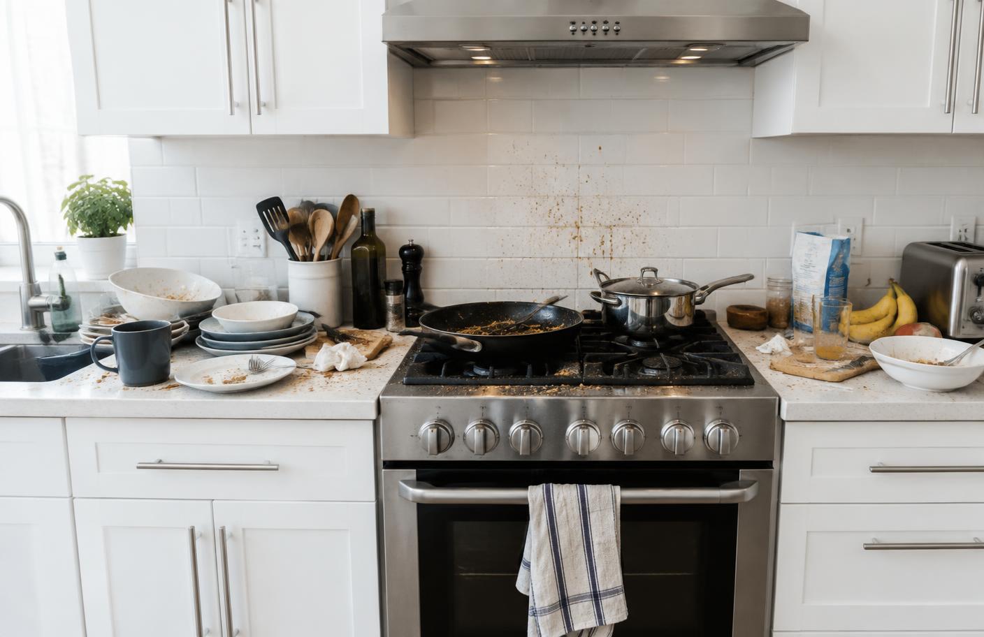 Before cleaning: cluttered kitchen countertops and stovetop
