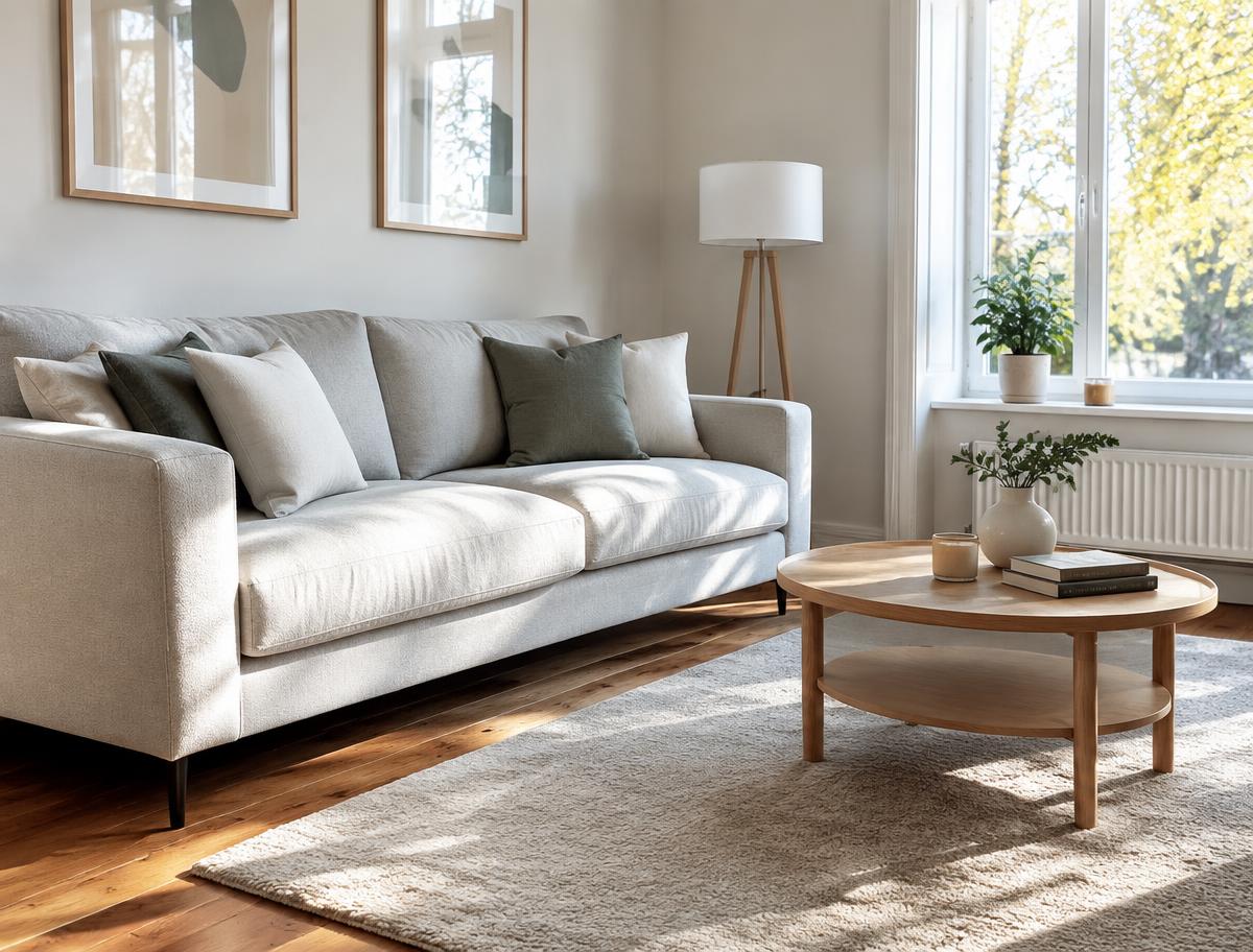 Bright, tidy living room with a light sofa and wood floors