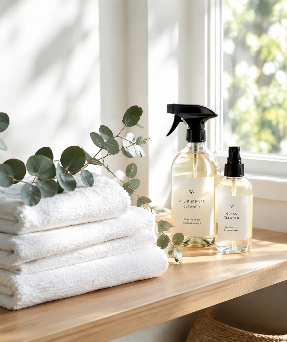 Fresh folded towels and cleaning supplies in natural light